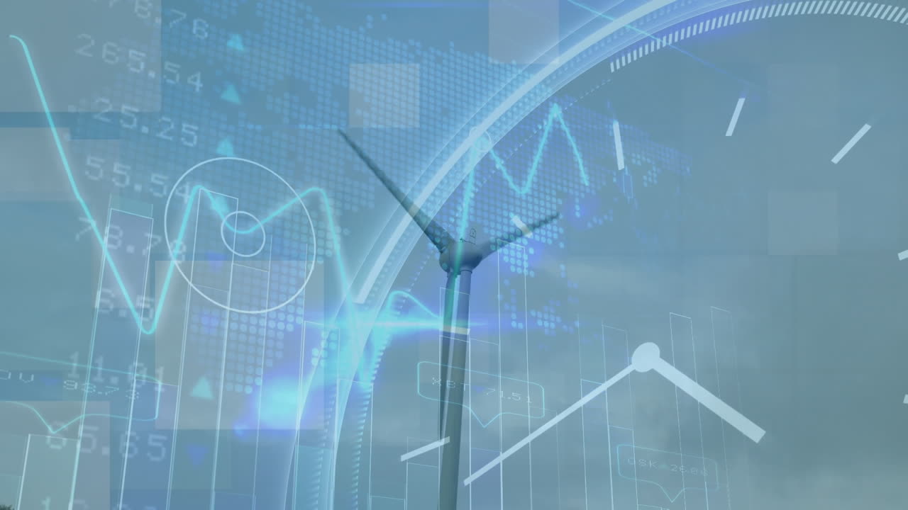 금융 데이터 처리 및 풍력 터빈의 클럭 오버 애니메이션