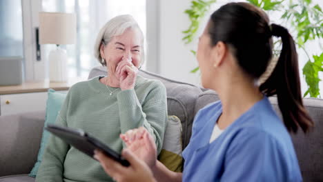 Tablet,-consulting-and-nurse-with-old-woman