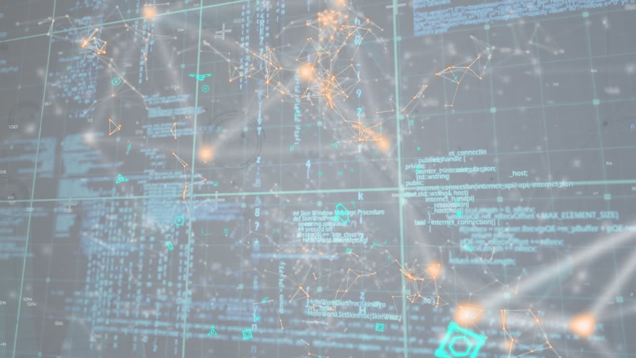 데이터 처리 및 프로필 아이콘의 네트워크의 애니메이션은 회색 배경에 대한 그리드 네트워크를 통해