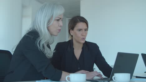 cheerful business ladies using laptop together