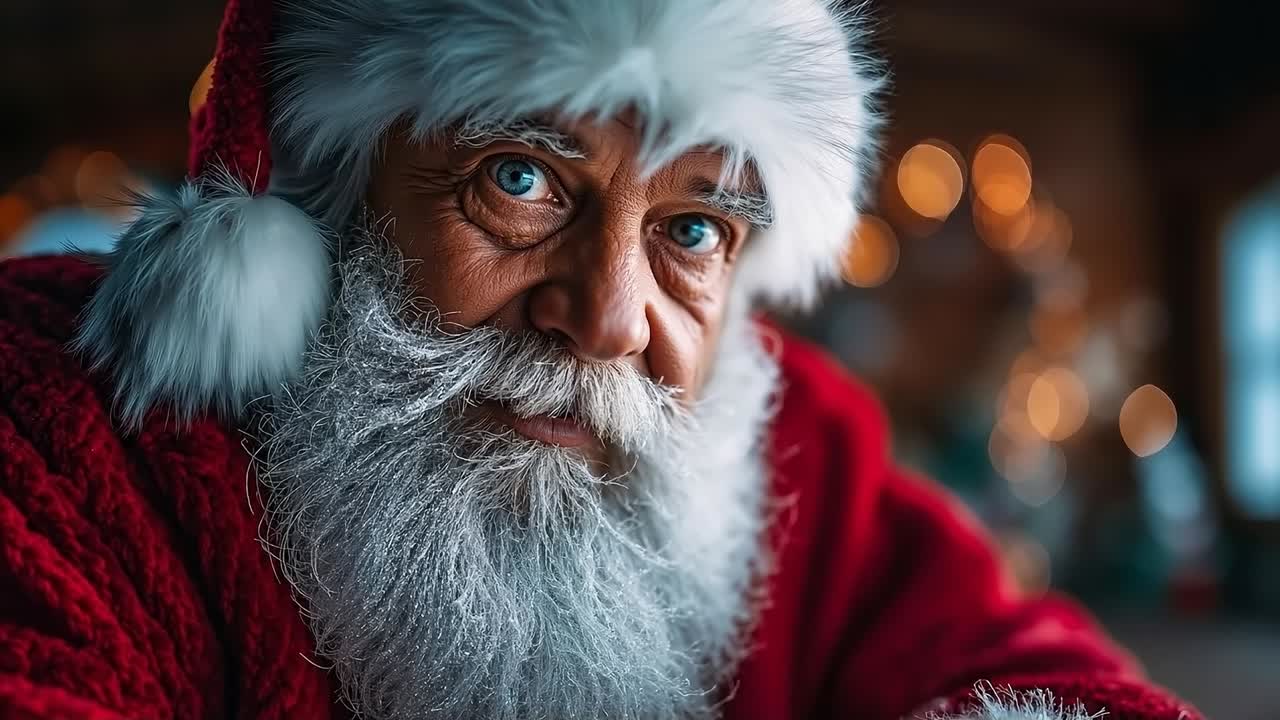 A close up of a man dressed as Santa Claus looking at the camera