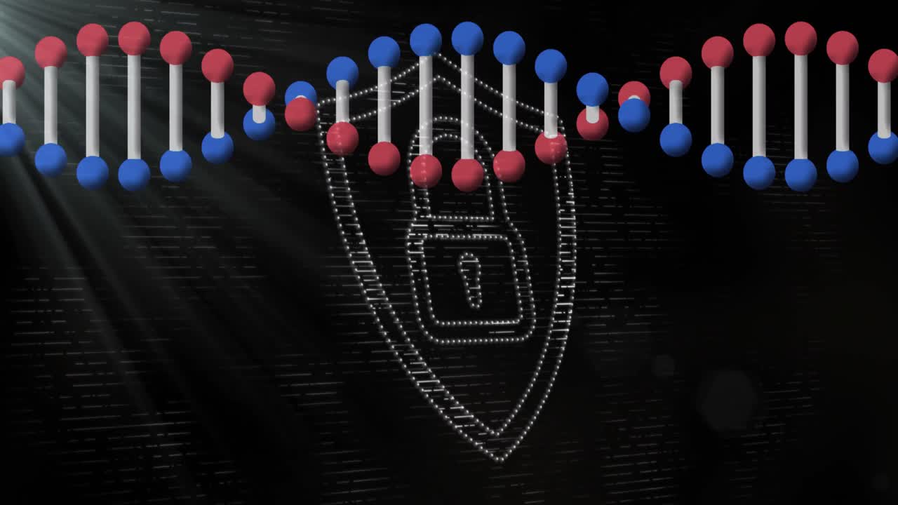 회전하는 3차원 dna 가닥의 애니메이션,  ⁇  점  ⁇ 락 기호, 검은색에 빛이 있습니다.
