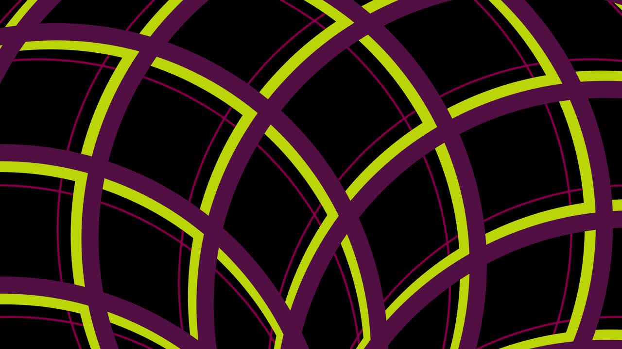 Purple and yellow circular lines on black background, grid pattern. Colorful net layout, round moving rotation. Graphic template 4K