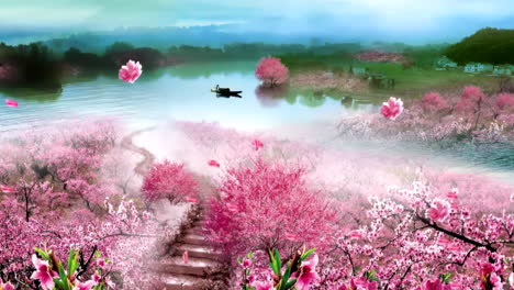 Ancient-Chinese-Japanese-landscape-Mid-Autumn-Festival-Gala-New-Year's-Eve-Show-Press-Conference-ink-Painting-of-calm-trees,-mountains,-flowers,-lake,-water,-blue-sky,-boat,-cherry-blossoms-season