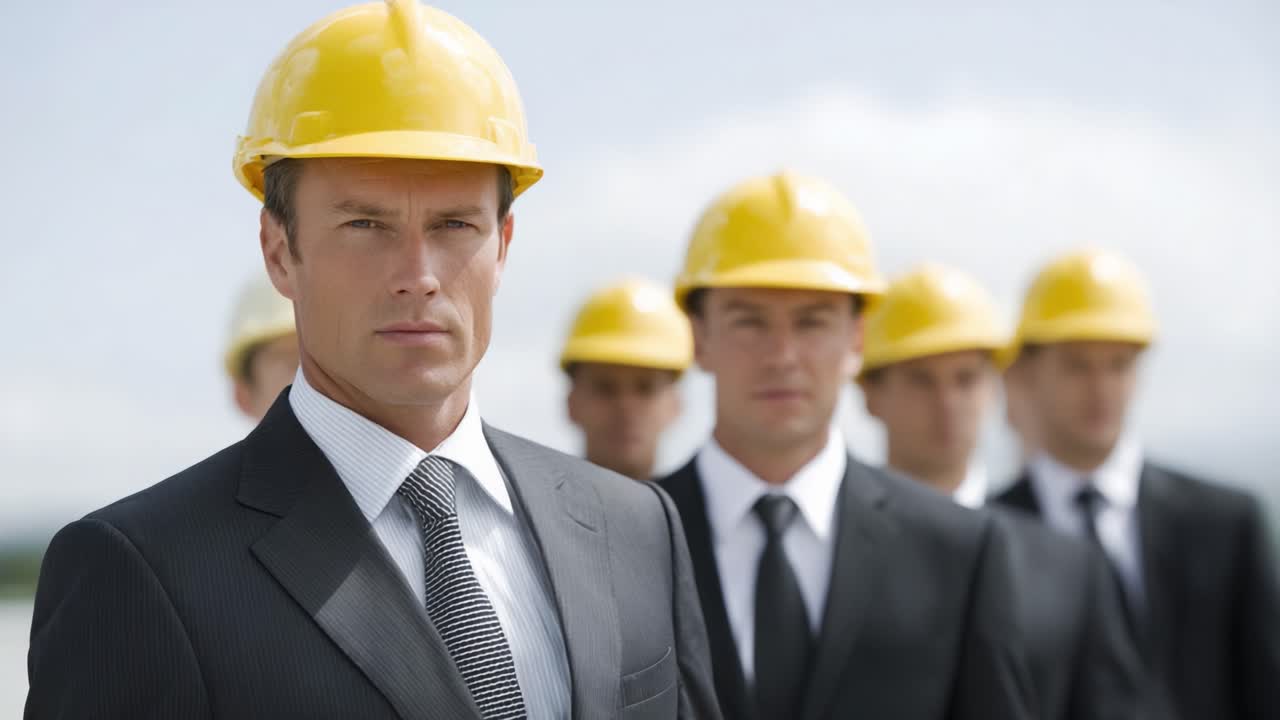 A Group of Professionals in Construction Helmets, Showcasing Leadership and Teamwork, Focused on Safety While Wearing Tailored Suits in an Outdoor Setting