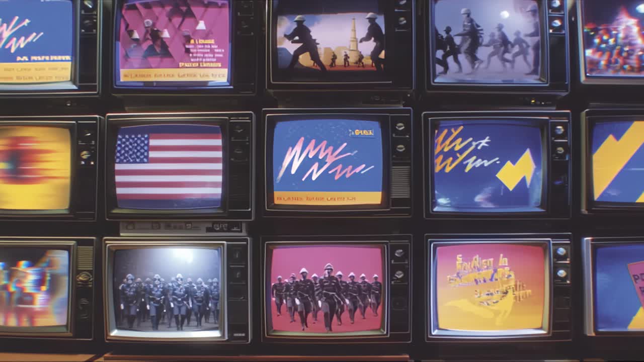 Dynamiskt filmmaterial av flera vintage CRT-tv-apparater staplade i ett rutnät, som visar färgglada glitcheffekter, abstrakt och retro sändningsmaterial, perfekt för teman som nostalgi, media och teknik.