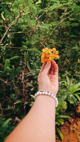 mano sosteniendo un pequeño racimo de flores de naranja en un jardín verde exuberante