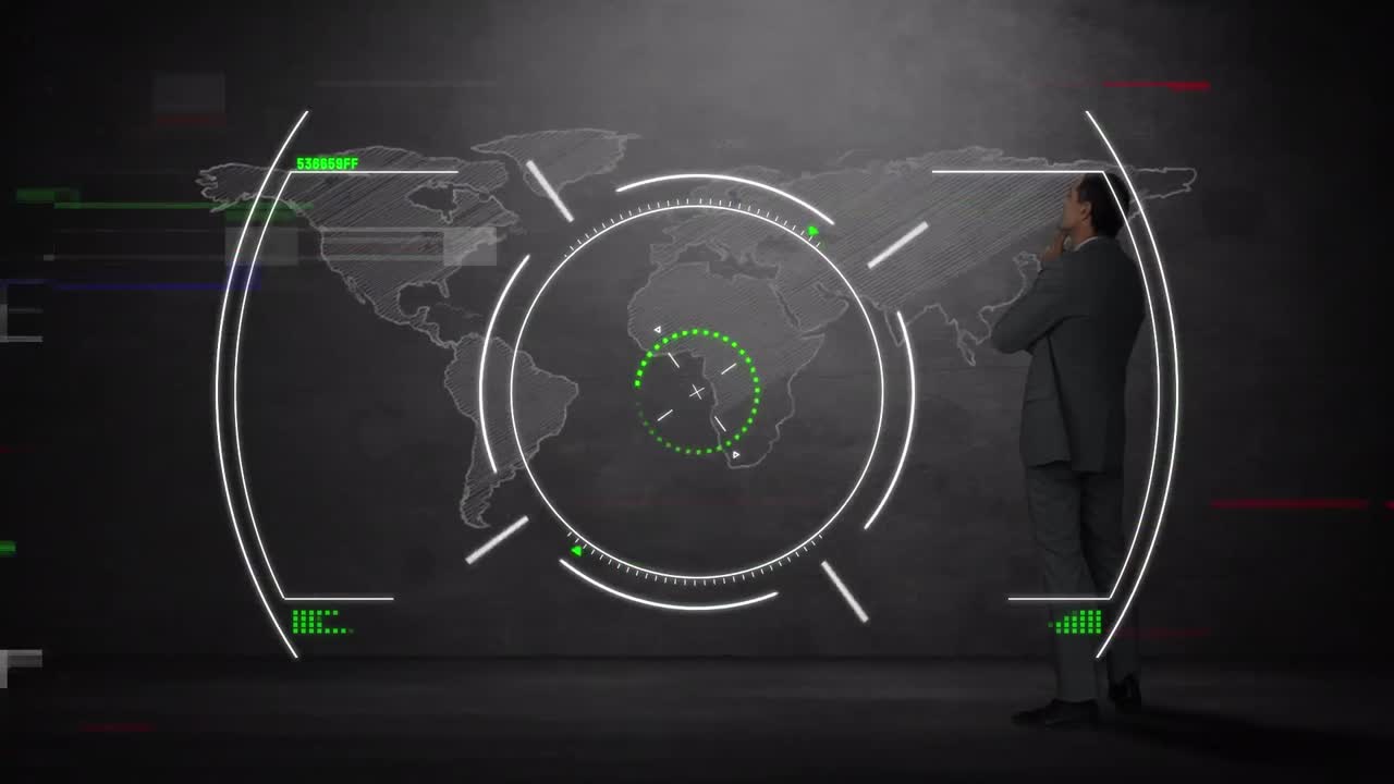 Animation of data processing and world map over caucasian businessman