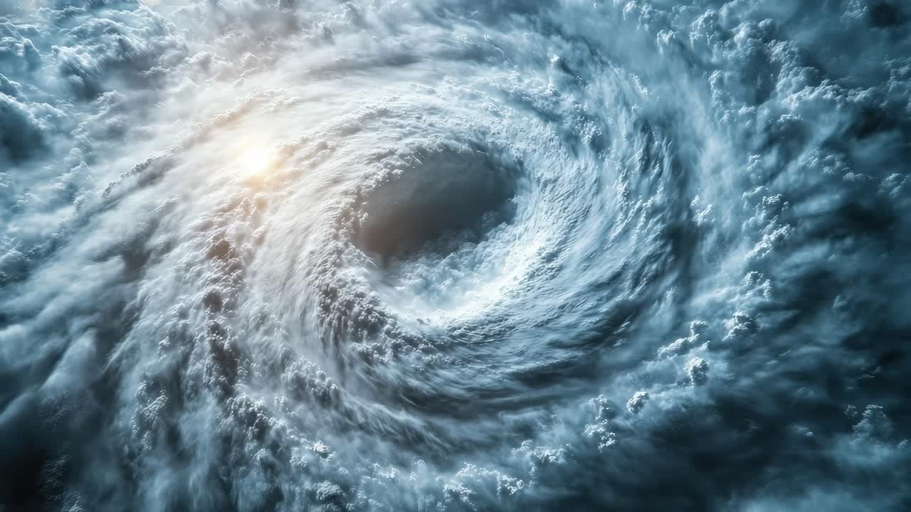 Luftfoto af en hvirvlende stormvortex med dramatiske skyer og sollys.