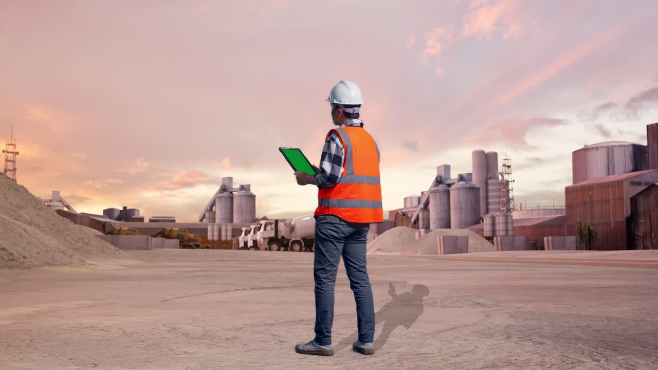 Full Body Back View Of Asian Male Engineer With Safety Helmet Working On A Green Screen Tablet And Looking Around While Standing at Industrial Cement Plant with Mixer Trucks at Sunset