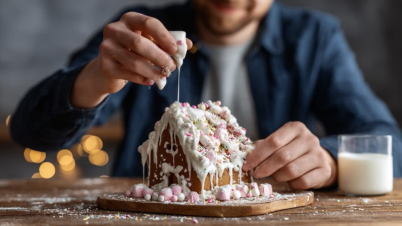 Creating a Festive Gingerbread House: A Man Decorates with Icing and Sprinkles for an Enchanting Holiday Treat Experience