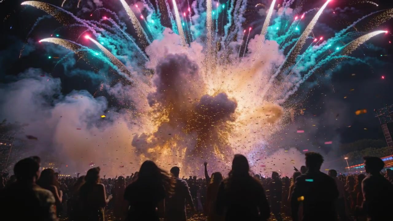 Reacting shadowed crowd raising phones to record fireworks at night event, central charge exploding