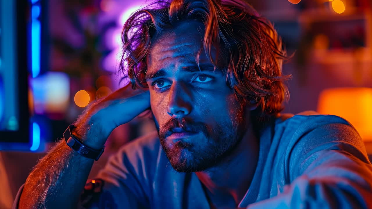 Thoughtful man at night lights. A man looks pensive as he sits in a softly lit room filled with colorful lights during the evening