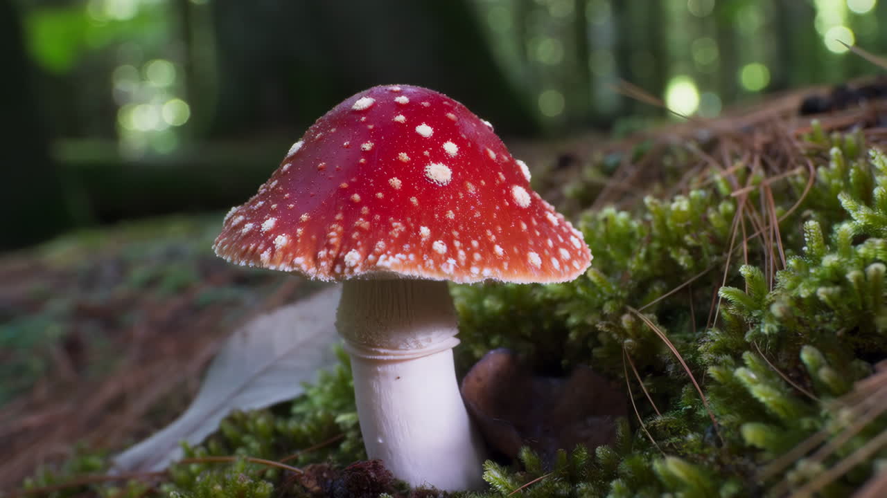 A vibrant red and white spotted mushroom growing on a mossy forest floor