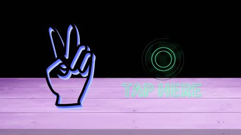 Neon-tap-here-text-and-hand-peace-symbol-against-purple-wooden-background