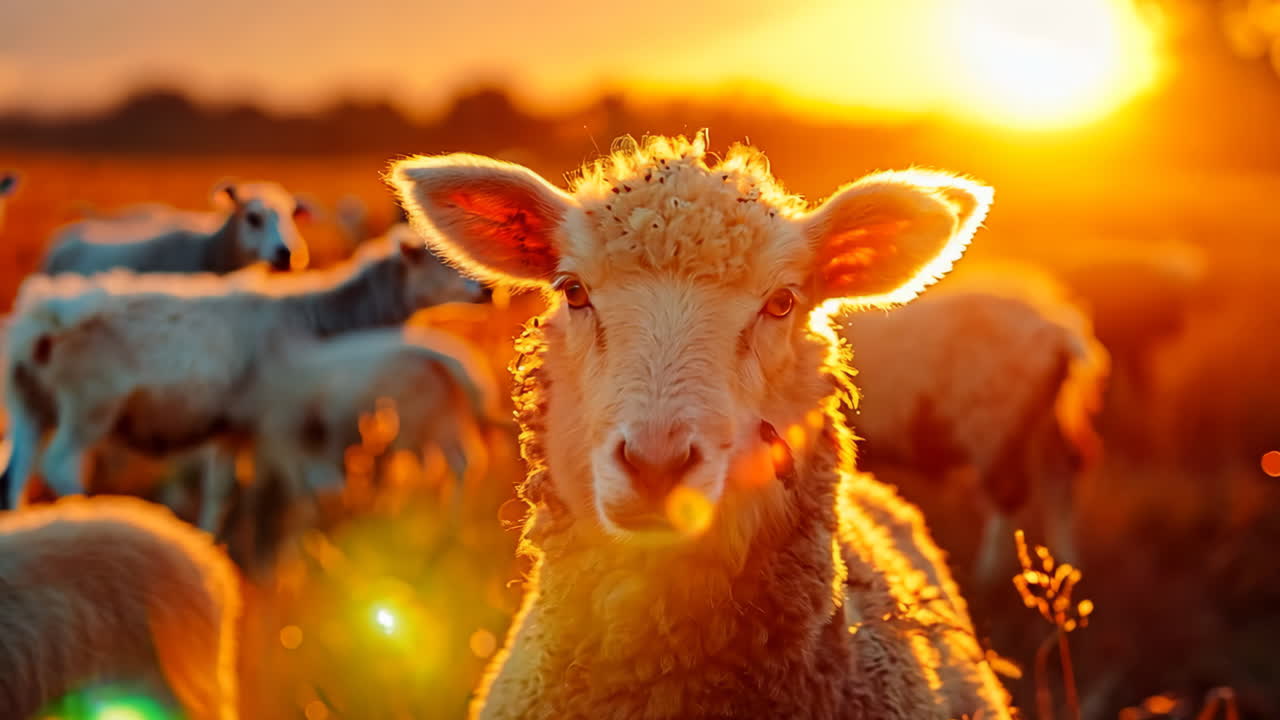 Sheep Grazing in Golden Fields at Sunset. Flocks of sheep roam in a sunlit field, basking in the warm glow of the setting sun.