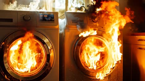 a burning washing machine in a kitchen next to a washer and dryer