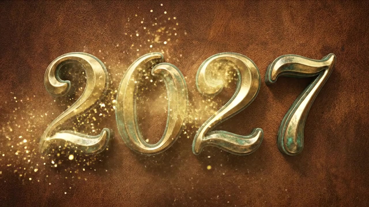 Animazione stilizzata del numero 2027 di Capodanno con scritte metalliche verde oro