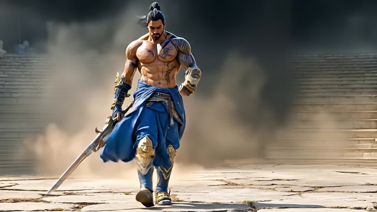 A man in a blue outfit holding a sword in front of a building