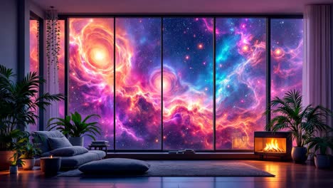 modern living room with a cosmic view