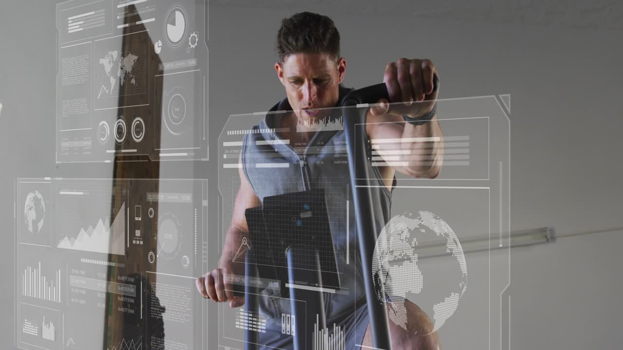 Fit man starting cardio, engaging animated charts and globe overlays, tracking fitness metrics