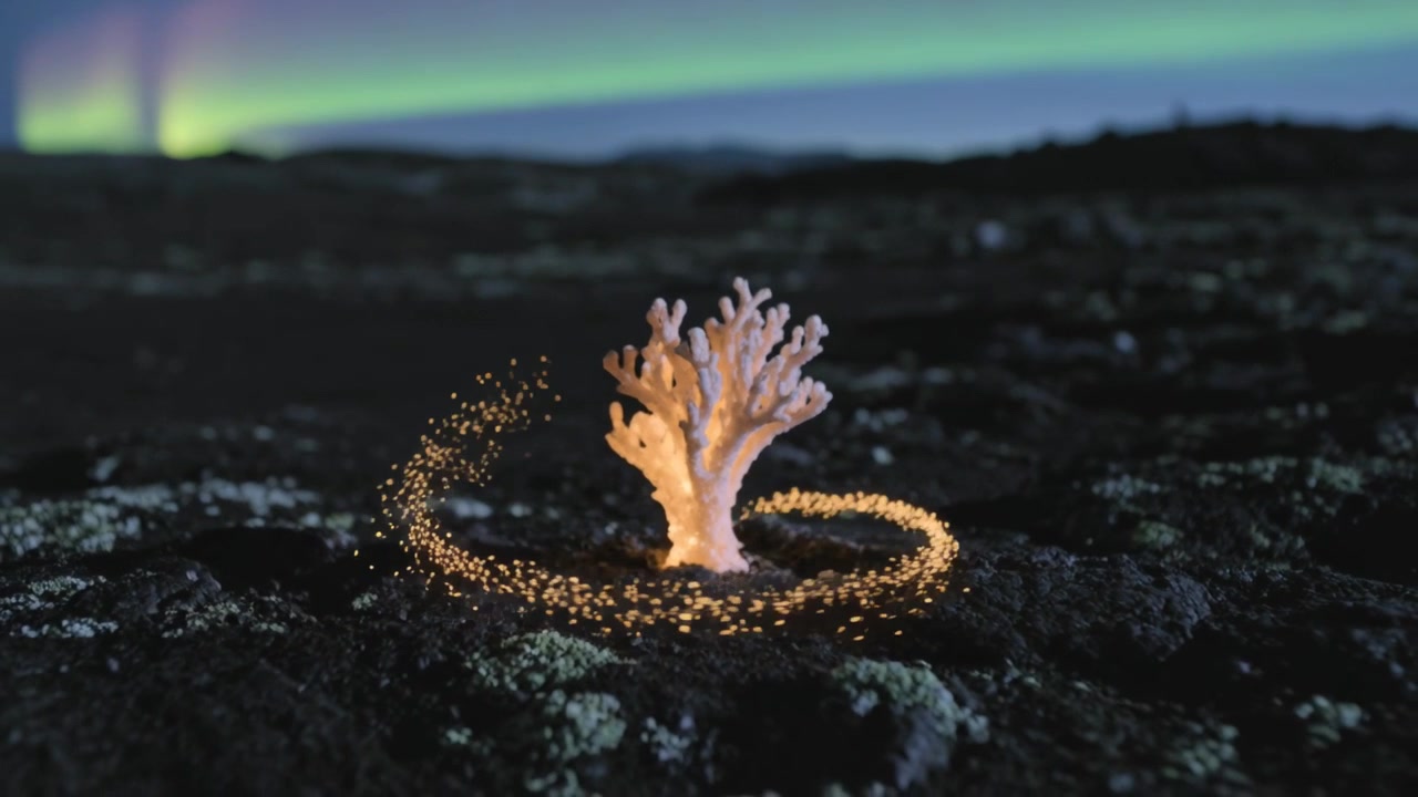 Emitting glow, small white coral-like form sending golden particles forming ring under green aurora
