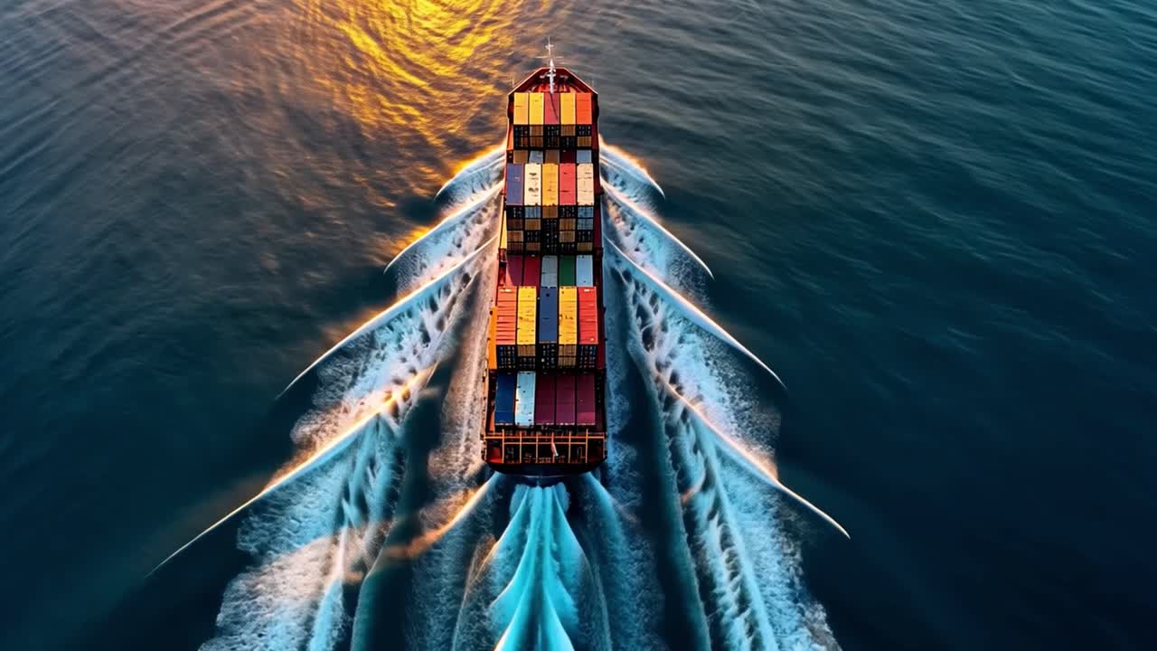 Aerial View of a Container Ship Moving Through the Ocean at Sunrise or Sunset