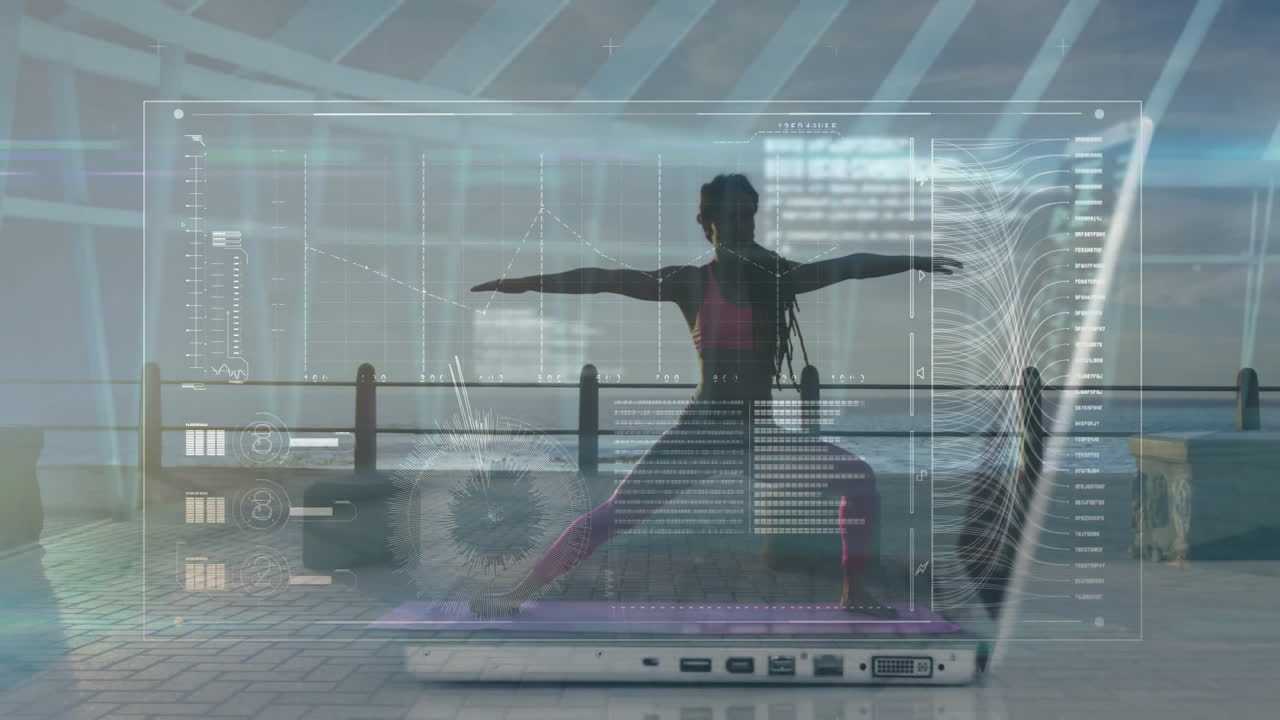 Practicing yoga by waterfront, person using digital interface with animation