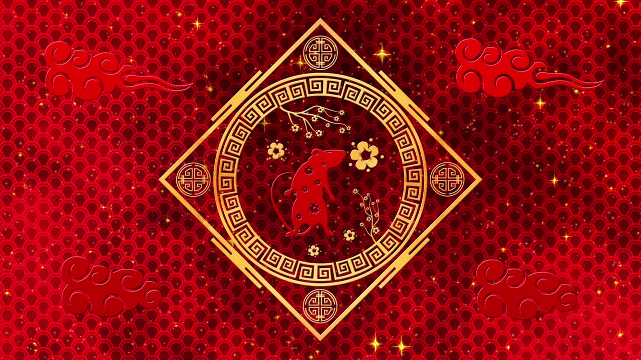 fondo de año nuevo chino negro con oro, rata, 3d rendering bucle 4k. mágica feliz año nuevo animación