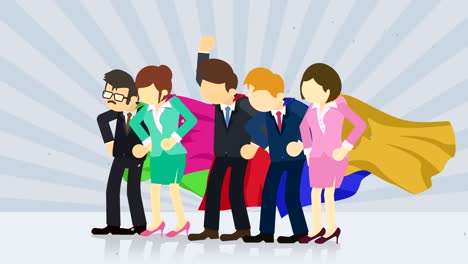 superheroes standing on sunburst background. sun beam ray background. business team concept. comic loop animation.