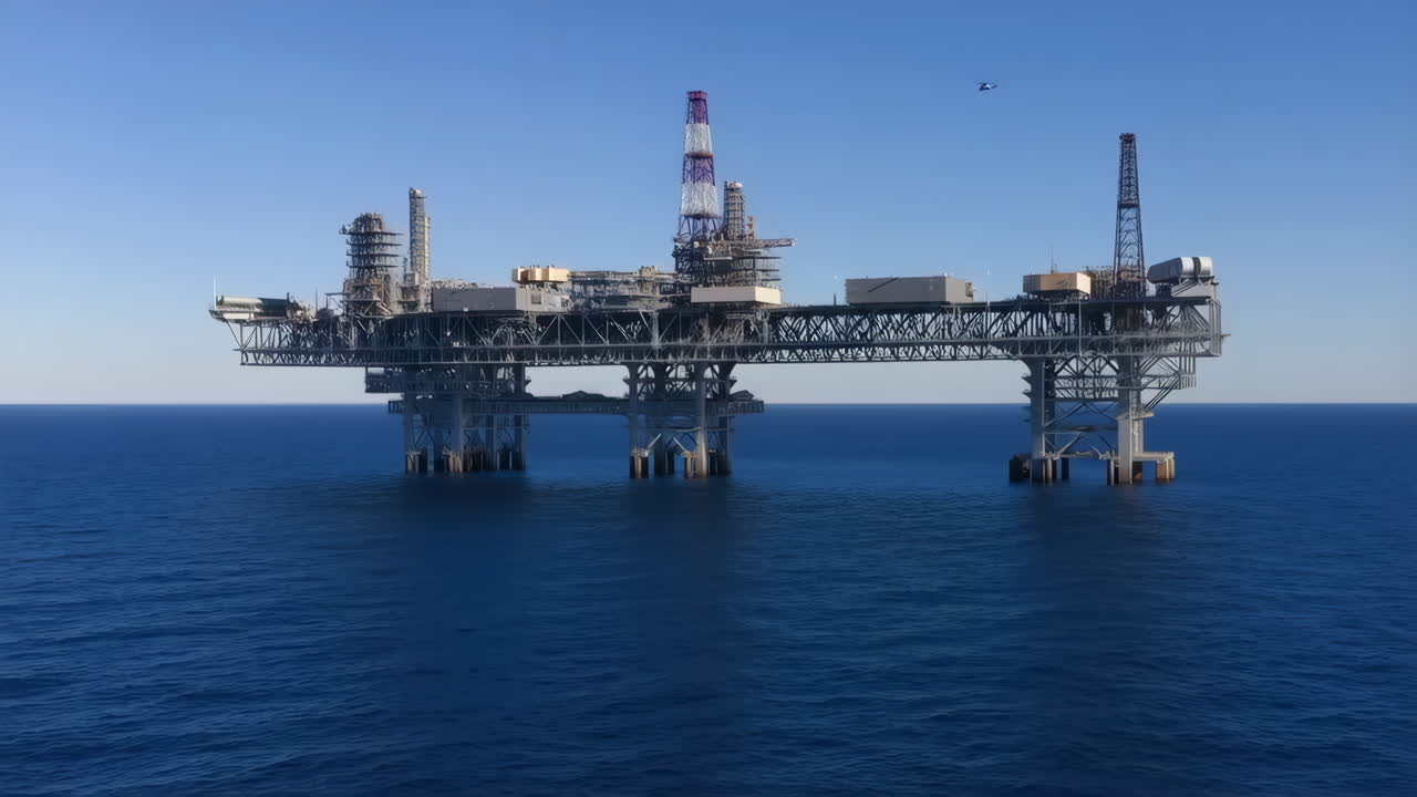 Offshore olieplatform i havet med en helikopter på himlen