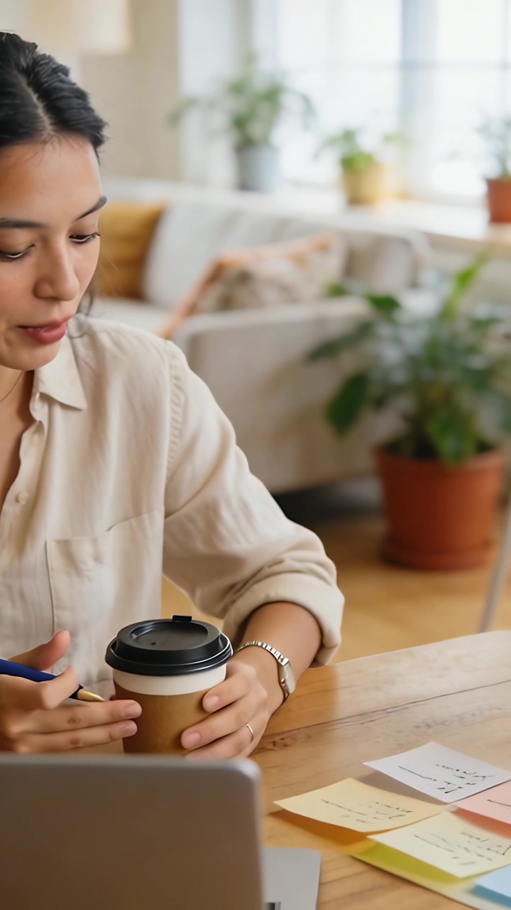 Video verticale: Donna in camicia che sistema il coperchio su una tazza a casa, poi torna al laptop per sorseggiare caffè.