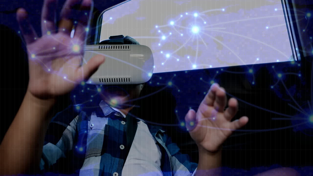 Wearing VR headset, person interacting with virtual network connections animation