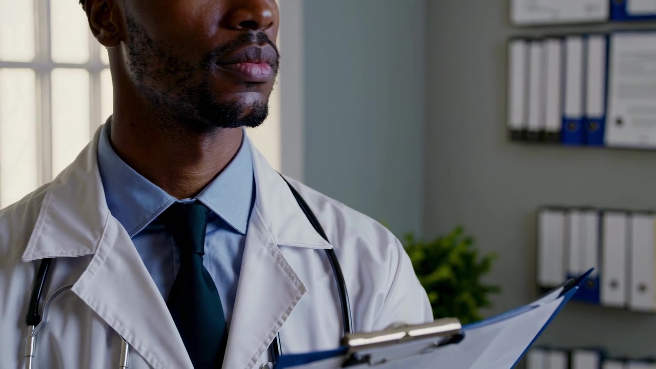 Male Doctor Holding Clipboard and Reviewing Medical Records in Office