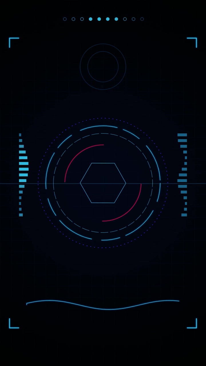 Futuristic Digital HUD Interface with Rotating Hexagon and Data Elements