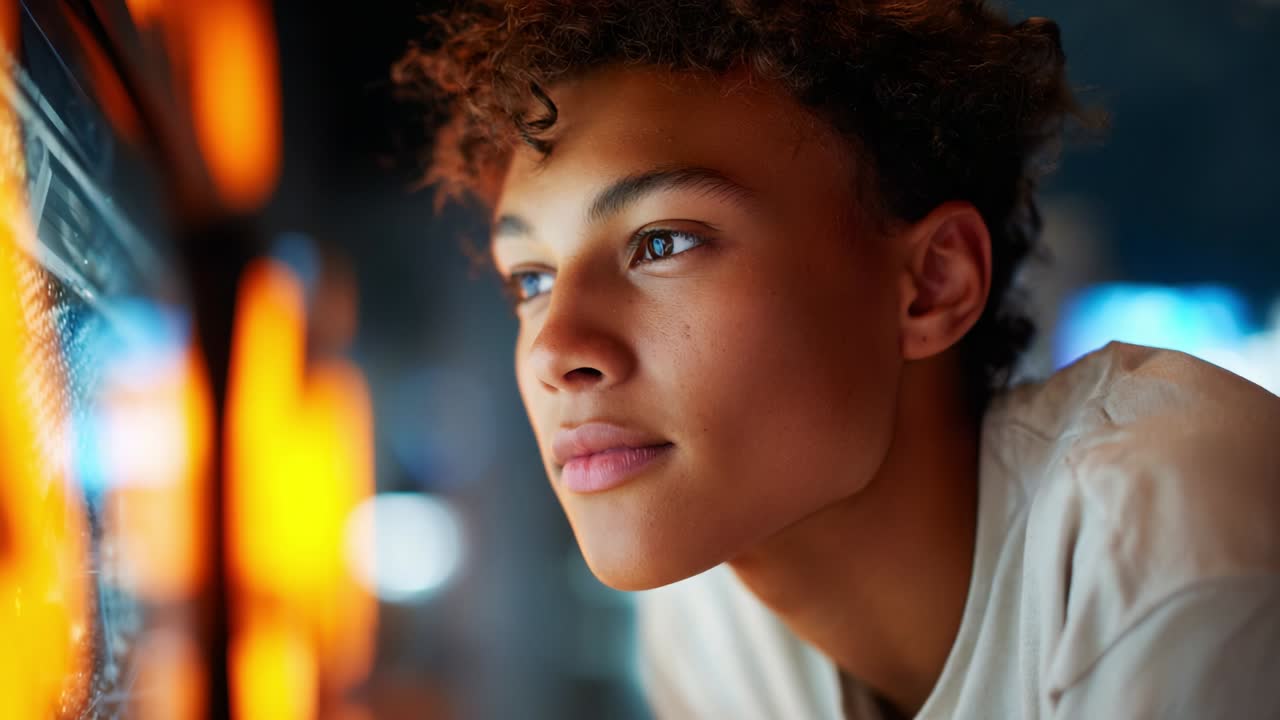 A contemplative young individual gazes intently at a glowing display, immersed in thought, captivated by the vibrant visuals surrounding him, reflecting curiosity and a sense of wonder about the unfolding experiences