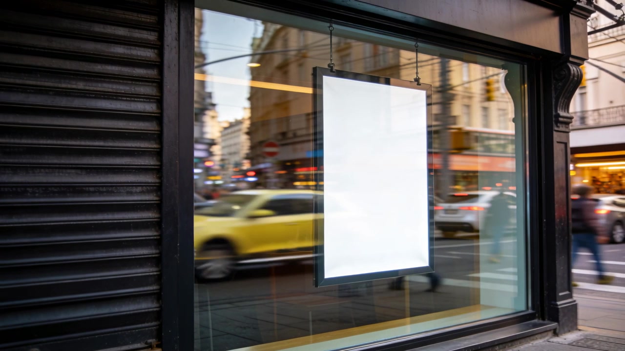 Poster bianco vuoto appeso nella vetrina di un negozio, che riflette pedoni e un taxi di passaggio
