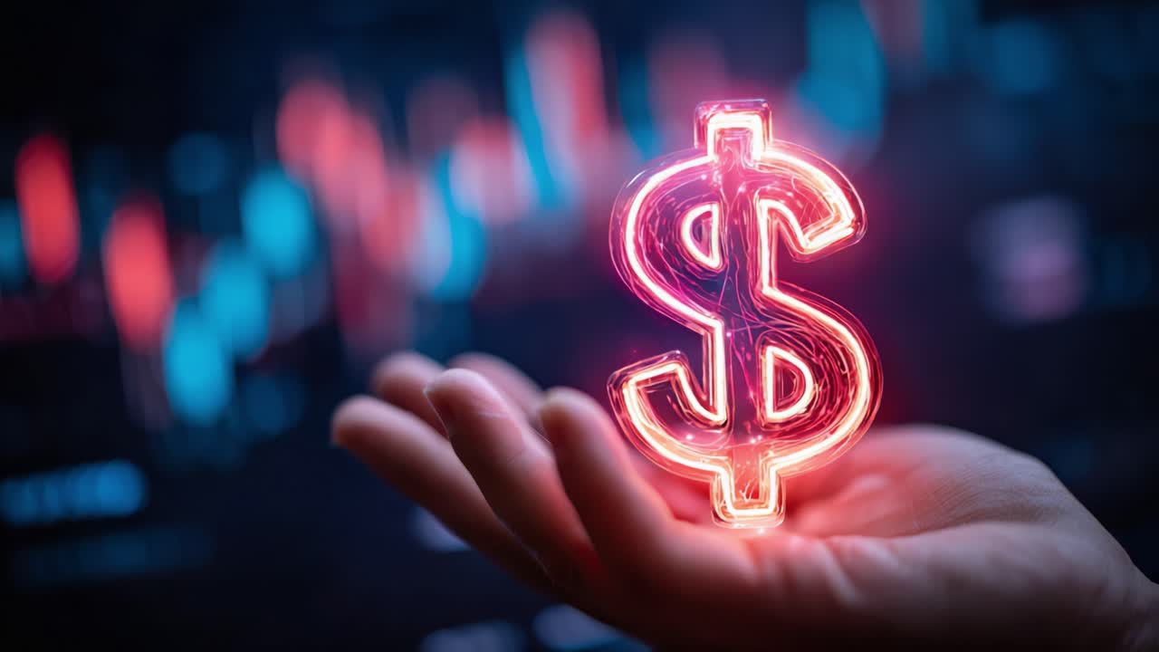 Una mano vivace che tiene un simbolo del dollaro al neon con uno sfondo di tendenze del mercato finanziario, rappresentando prosperità, investimento e valuta nell'economia moderna.