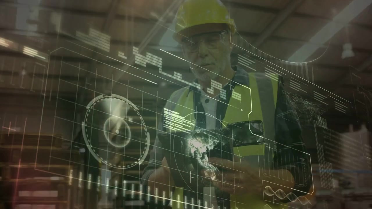 Tablet tap starting AR panel expanding over senior male worker, inspecting readouts for diagnostics