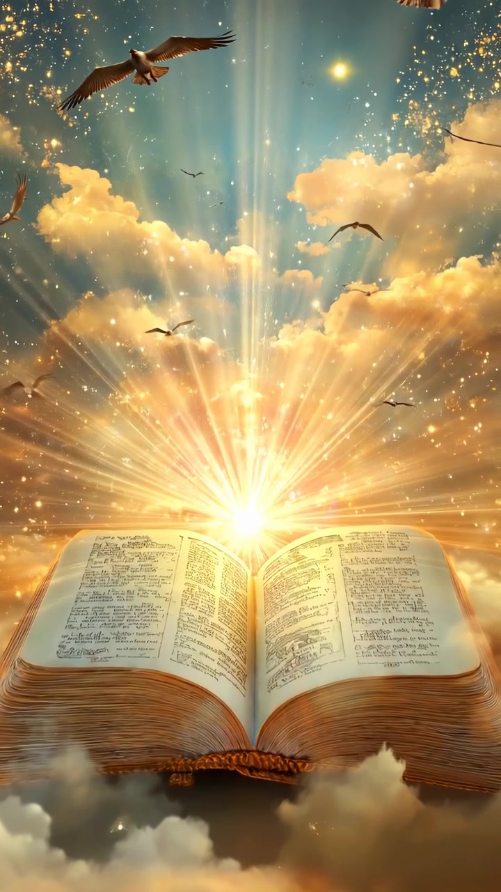 Luce divina che splende da un libro aperto in un paesaggio nuvoloso celestiale