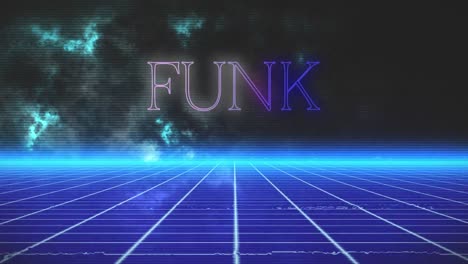 Animation-of-funk-text-in-pink-and-blue-neon,-with-glitches-over-blue-grid-and-dark-cloudy-sky