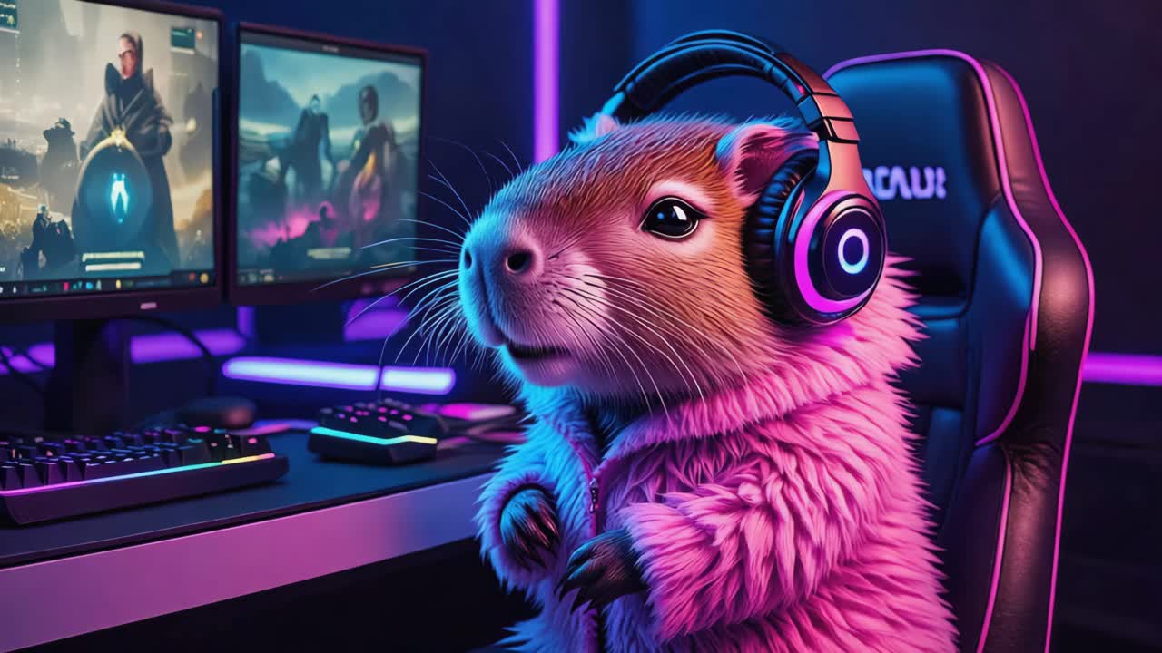 Cute Capybara Gamer with Neon Setup