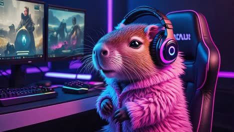cute capybara gamer with neon setup