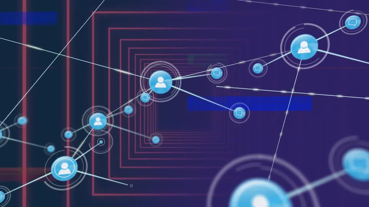 animación del efecto glitch sobre una red de iconos digitales sobre cuadrados concéntricos en un patrón sin costuras.