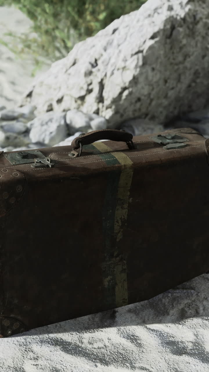 Old neglected suitcase resting on sandy ground near stones and plants