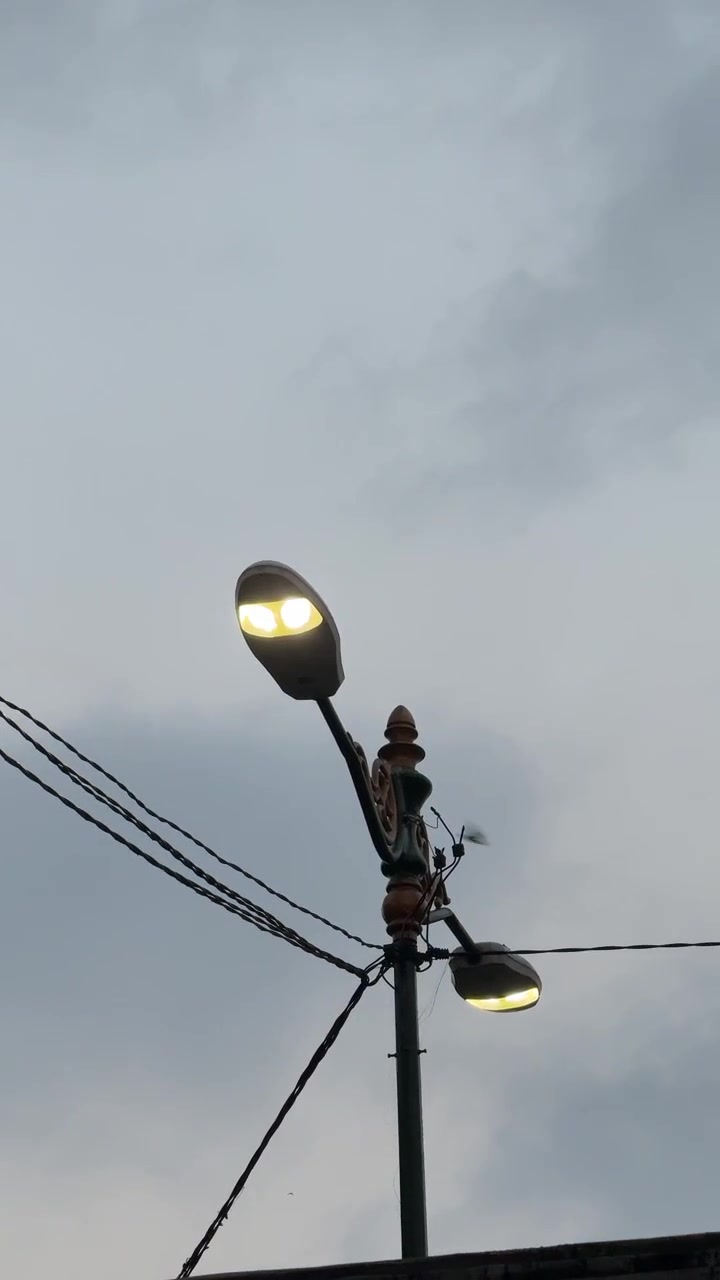 Lampu Jalan Menyala dengan Latar Belakang Langit Abu-abu Berawan