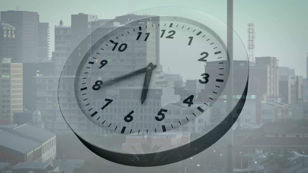 On start analog clock hands sweeping from 1 to 1 15 over cityscape showing time passing
