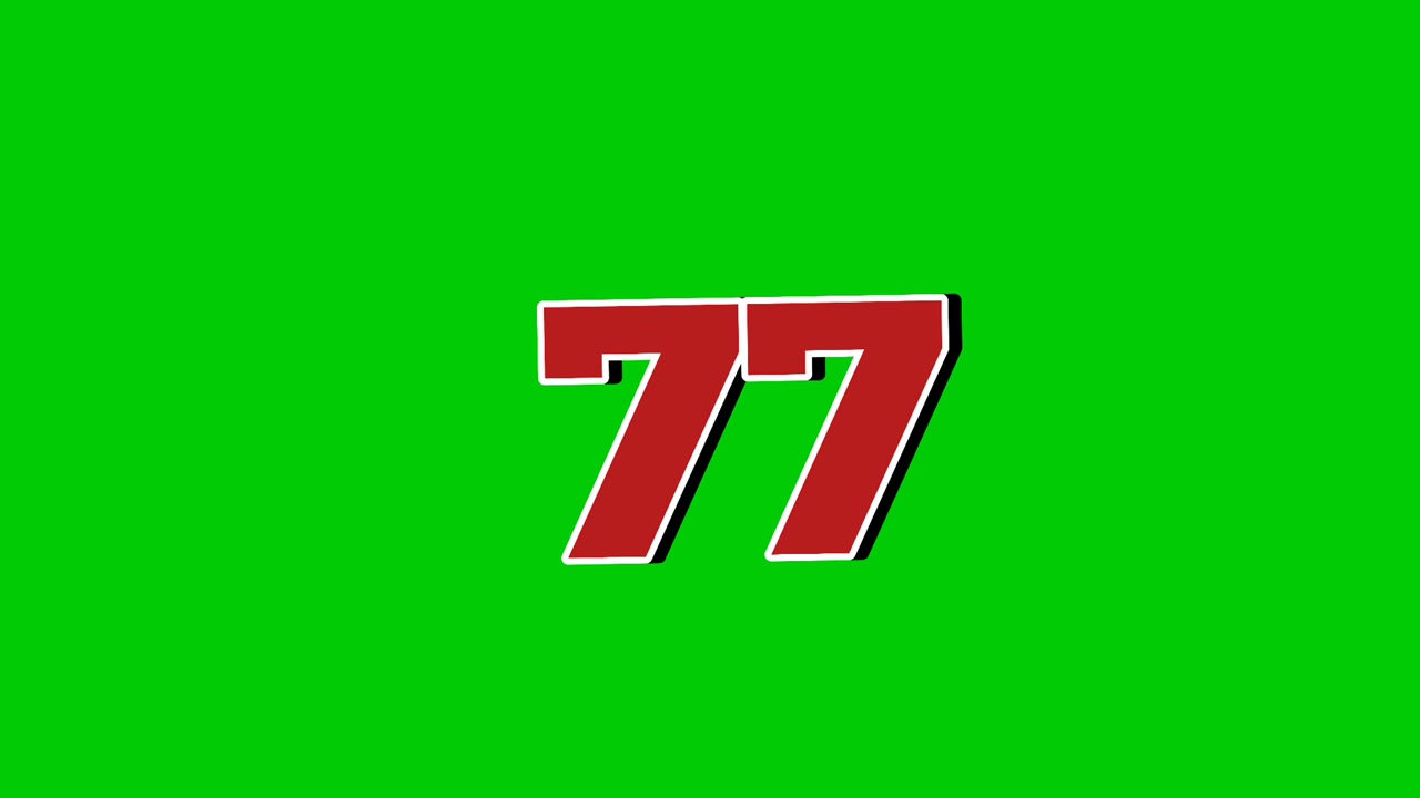 Animazione del simbolo del numero 77, grafica in movimento cartone animato su sfondo green screen. Elementi video con effetti di fumo del numero rosso.
