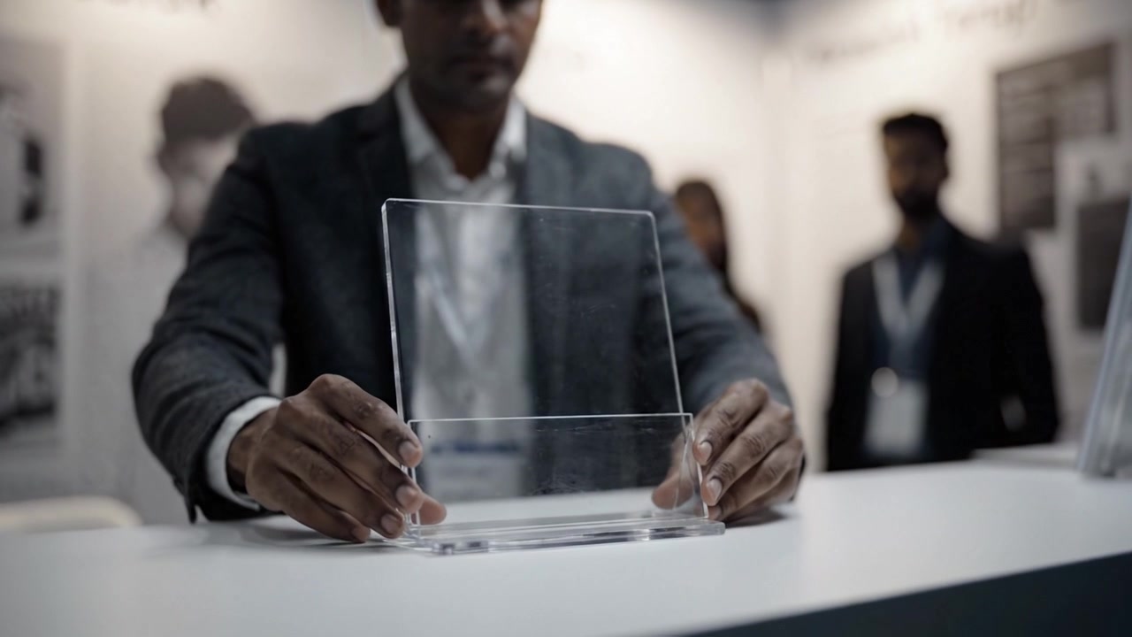 A professional showcasing an award at an exhibition booth, with a backdrop of engaged attendees and informative displays, emphasizing innovation and success.