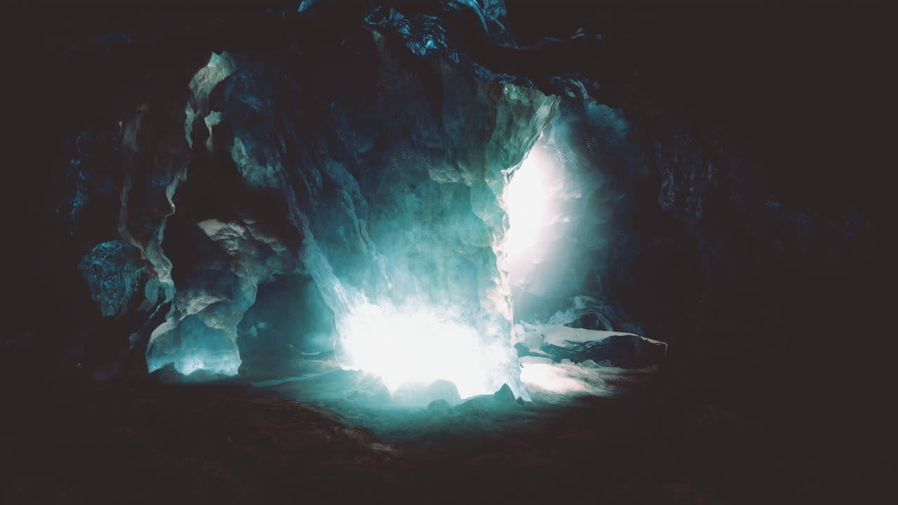 Mystical light beams illuminating a stunning cave formation at dawn
